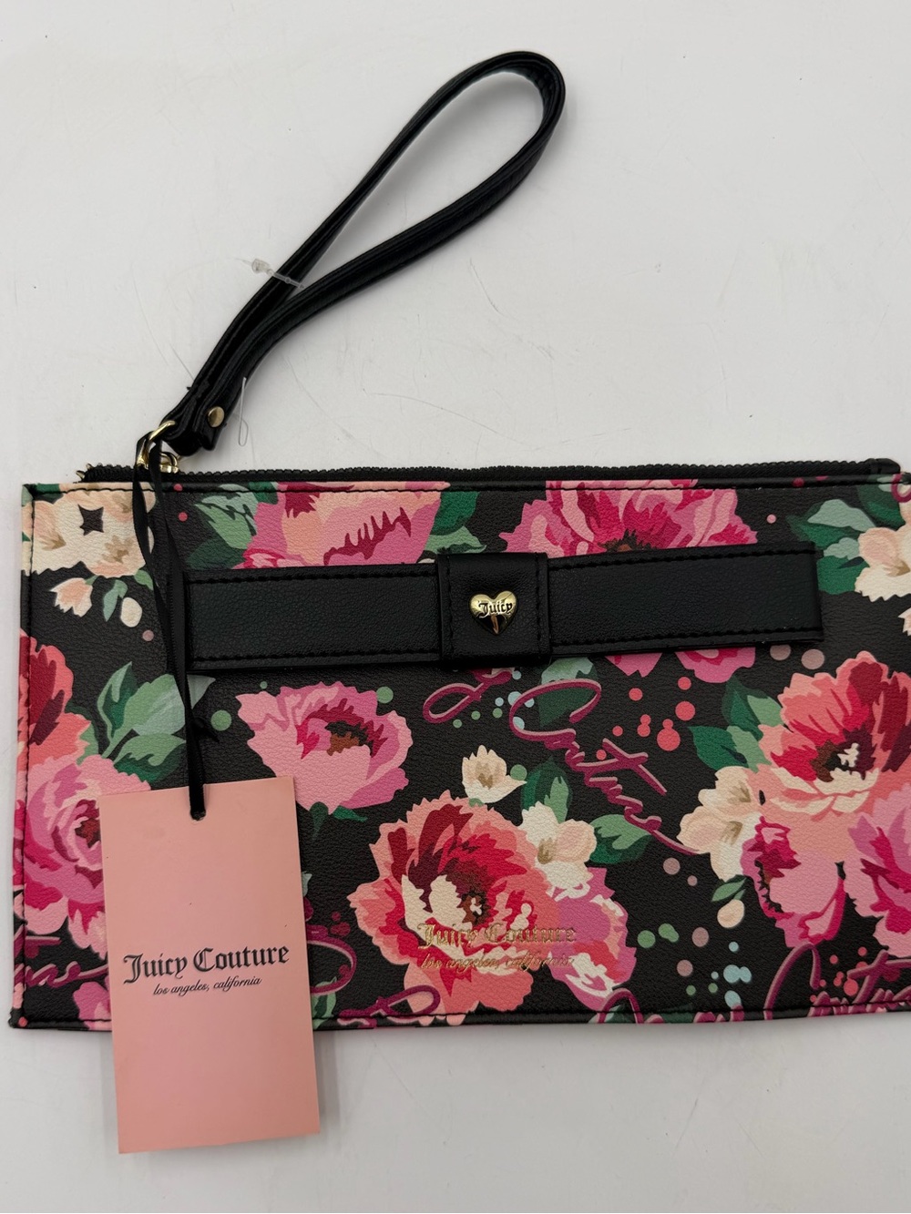 Juicy Couture Black Wristlet Clutch with Pink Floral Print